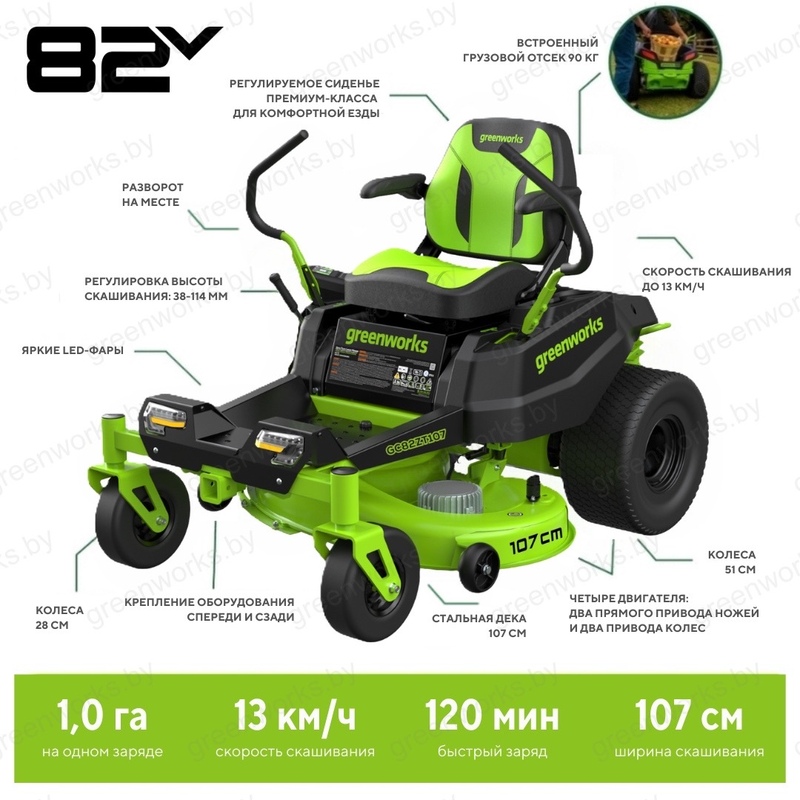 Райдер садовый Greenworks GC82ZT107 82V (107 см) Zero Turn CrossoverT аккумуляторный с нулевым радиусом разворота