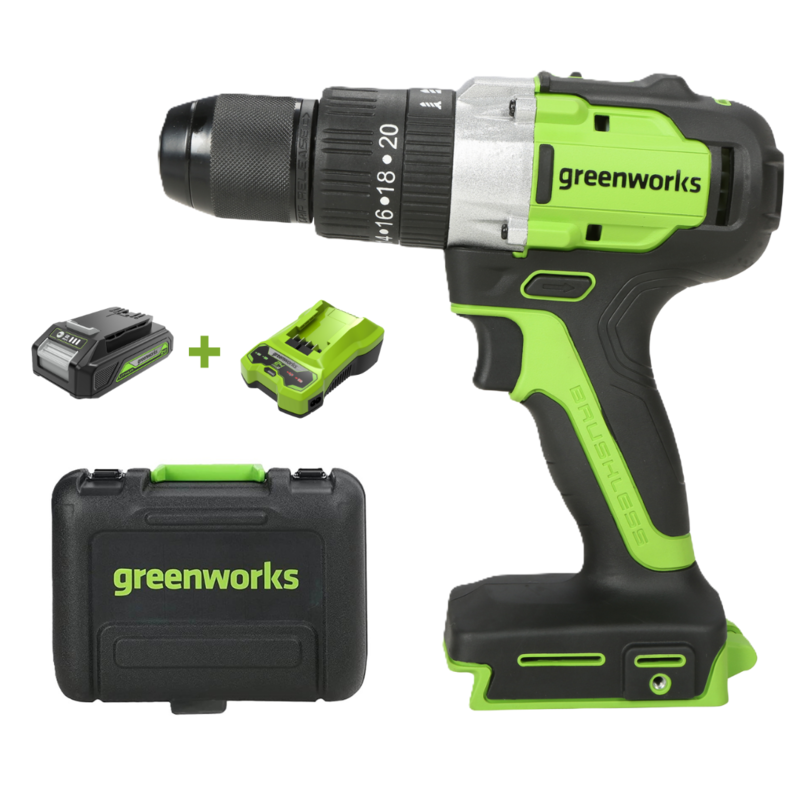 Дрель-шуруповерт ударная Greenworks GD24DD60K2 24V (60Нм) аккумуляторная, с АКБ 2 А/ч и ЗУ (в кейсе)