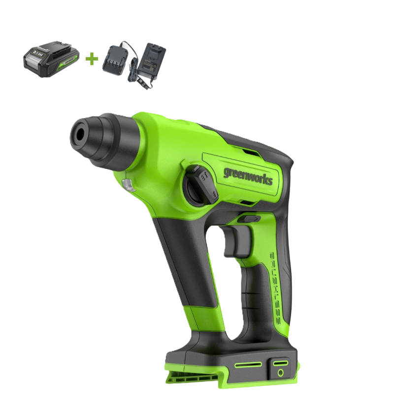 Перфоратор Greenworks GD24SDS1K2 24V (1,2 Дж) аккумуляторный, c АКБ 2 А/ч и ЗУ