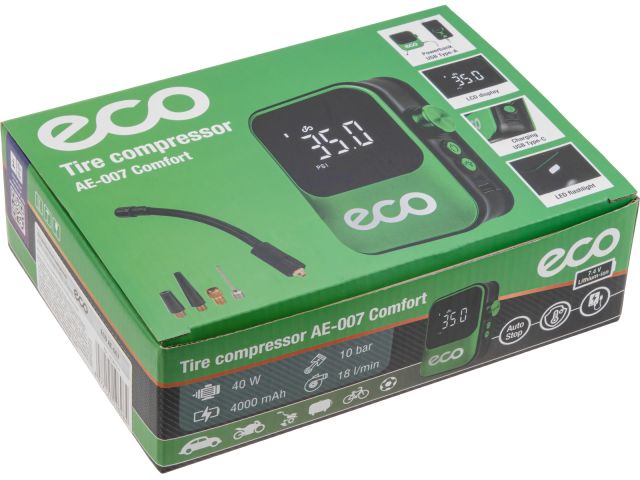 Компрессор автомобильный ECO AE-007 Comfort (7,4 В, 40 Вт, 18 л/мин, 4000 мА·ч, 10 Бар, LED дисплей, режим повербанка, фонарь, 4 насадки, сумка) (EC3010-2)