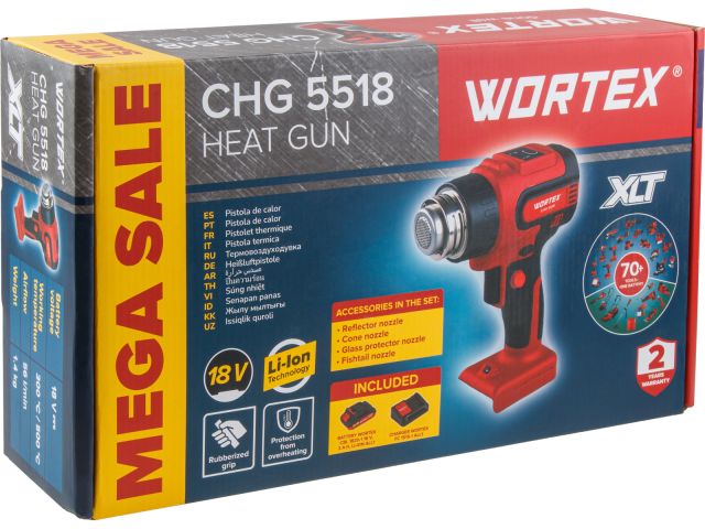 Аккум. термовоздуходувка WORTEX CHG 5518 в кор. ALL1 XLT SET 18 В, 1 скор., 300-550 °C (1333610)