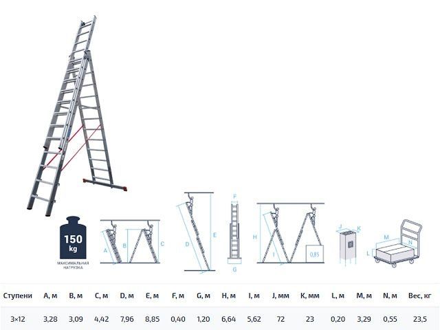 Лестница алюм. 3-х секц. 309/796/328см 3х12 ступ., 23,5кг  NV5230 Новая Высота (макс. нагрузка 150кг) (5230312)