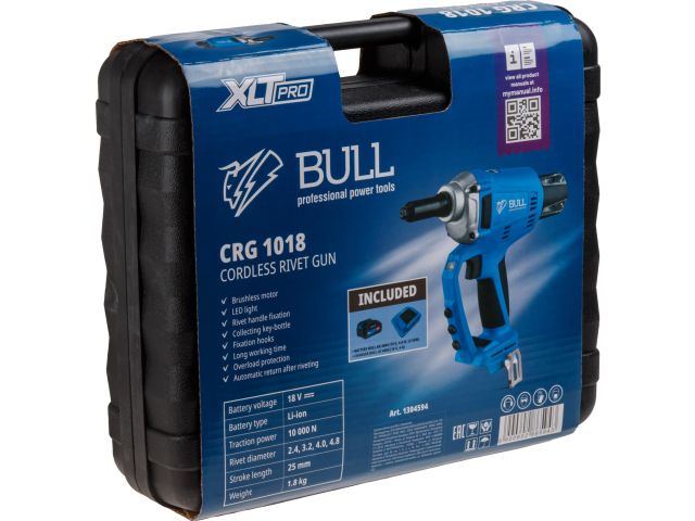 Аккум. заклепочный пистолет BULL CRG 1018 в чем. XLTpro, БЕСЩЕТ., 25 мм, 10000 Н, 1х4 А*ч (2.4, 3.2, 4.0, 4.8 мм, вытяжные, подсветка) (1304594)