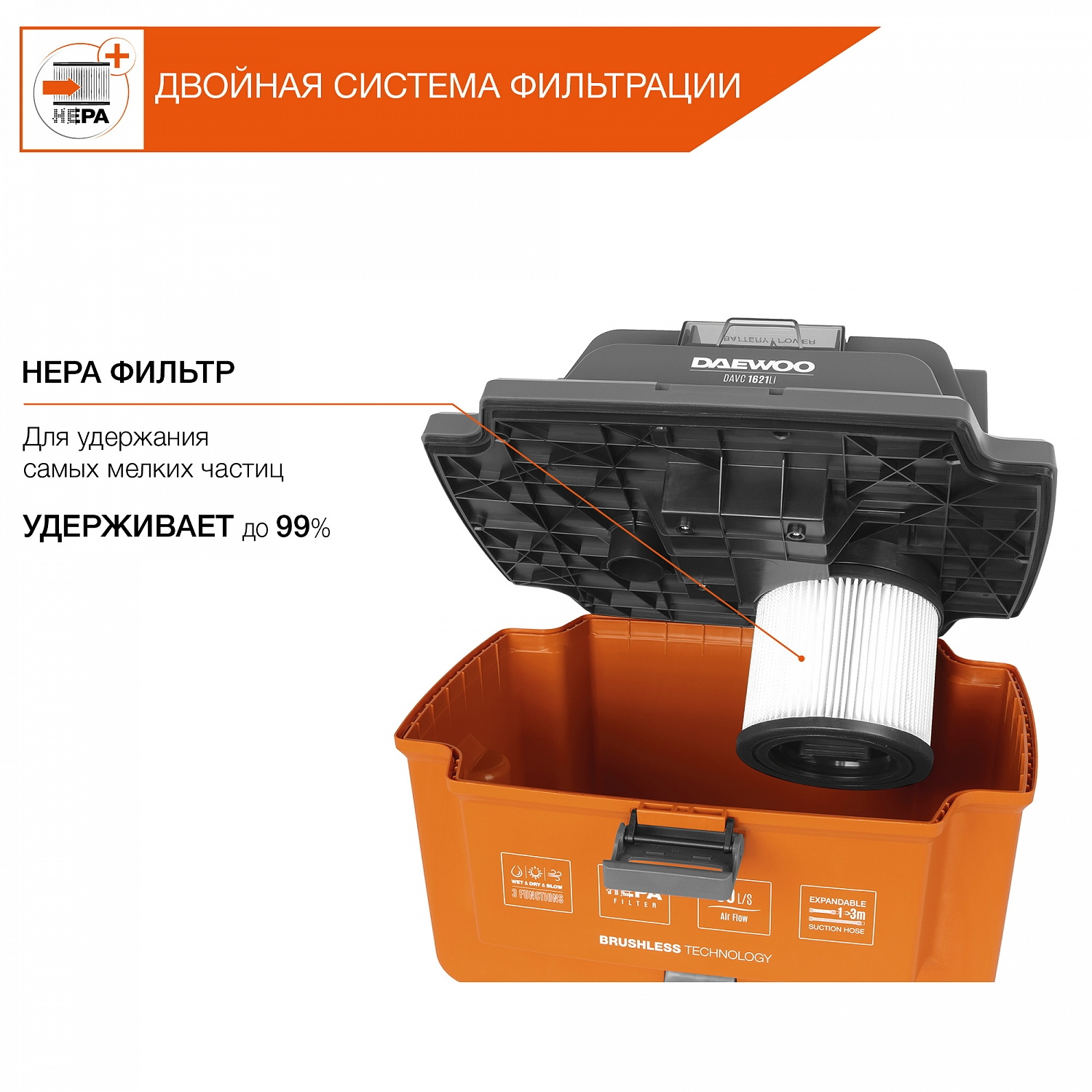 Пылесос строительный аккумуляторный DAEWOO DAVC 1621Li SET