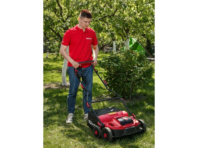Аккум. аэратор-скарификатор WORTEX CAE 3736 ALL1 XLT SET БЕСЩЁТ.ДВИГ., 18В+18В, шир. 37 см
                    (2 4Ач акб, зу, вал для аэрации, вал для скарификации, 5 рег.высоты, 45 л травосборник)