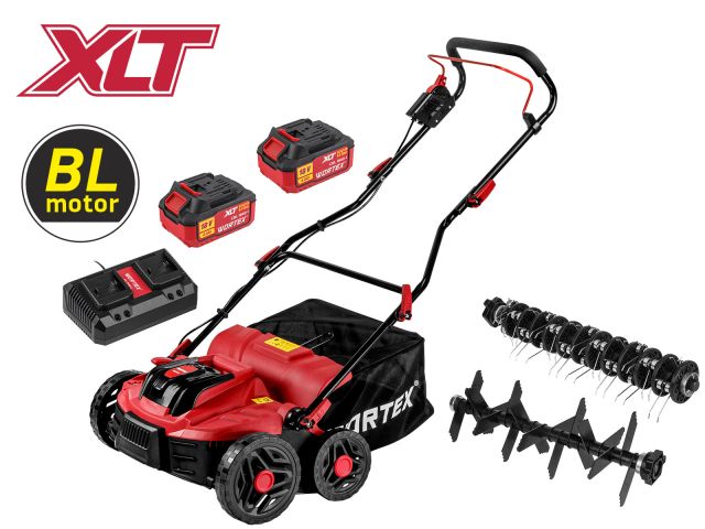 Аккум. аэратор-скарификатор WORTEX CAE 3736 ALL1 XLT SET БЕСЩЁТ.ДВИГ., 18В+18В, шир. 37 см
                    (2 4Ач акб, зу, вал для аэрации, вал для скарификации, 5 рег.высоты, 45 л травосборник)