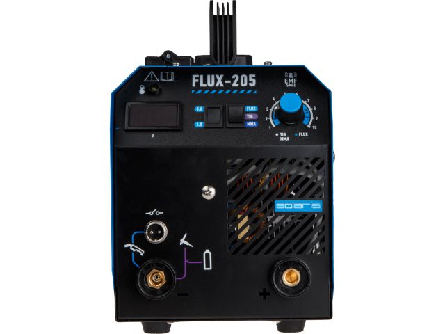 Полуавтомат сварочный Solaris FLUX-205 (230В; 20-180 А; 20,5 В / 80 В / 62 В; FLUX/MMA/TIG LIFT; байонетный разъем;) (SL5712-2)