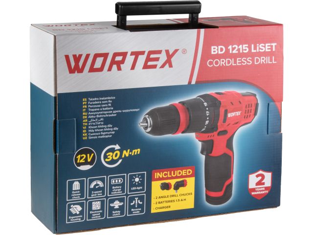 Аккум. дрель-шуруповерт WORTEX BD 1215 LiSET в чем. + 2 насадки, 12 В, 30 Н*м, 2х1.5 А*ч, БЗП 10 мм (Быстросъемный патрон, шурупы до 6 мм) (1326469)
