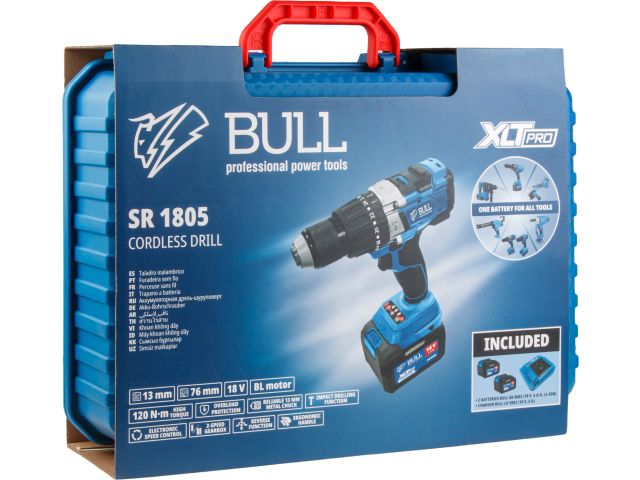 Аккум. дрель-шуруповерт BULL SR 1805 в чем. XLTpro, 2х6 А*ч, БЕСЩЕТ., 18 В, 120 Н*м, БЗП(мет.) 13 мм (Доп. функции: Ударное сверление, 
