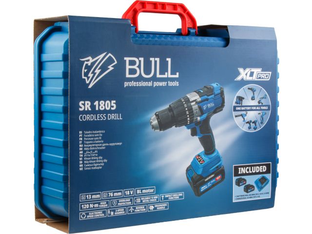 Аккум. дрель-шуруповерт BULL SR 1805 в чем. XLTpro, 2х4 А*ч, БЕСЩЕТ., 18 В, 120 Н*м, БЗП(мет.) 13 мм (Доп. функции: Ударное сверление, 
