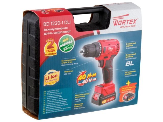 Аккум. дрель-шуруповерт WORTEX BD 1220-1 DLi в чем. БЕСЩЕТ, 12 В, 40 Н*м, 2х1.5 А*ч, БЗП 10 мм (шур. до 6 мм, НЕ подходит к линейке ALL1) (BD12201DLi1029)