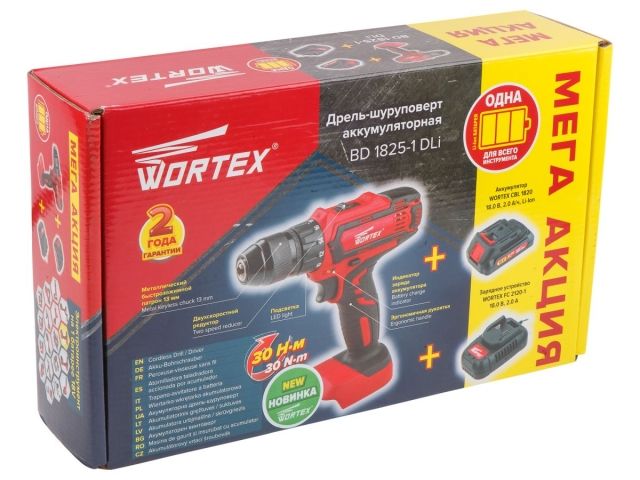 Аккум. дрель-шуруповерт WORTEX BD 1825-1 DLi в кор. ALL1 XLT (18.0 В, 1 акк., 2.0 А/ч Li-Ion, 2 скор., 30 Нм, шурупы до 8 мм) (1BBD001A29)