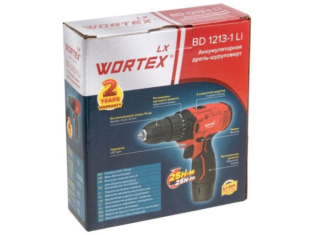 Аккум. дрель-шуруповерт WORTEX LX BD 1213-1 Li в кор. 12 В, 25 Н*м, 1х1.5 А*ч, БЗП 10 мм (шурупы до 5 мм) (1329350)