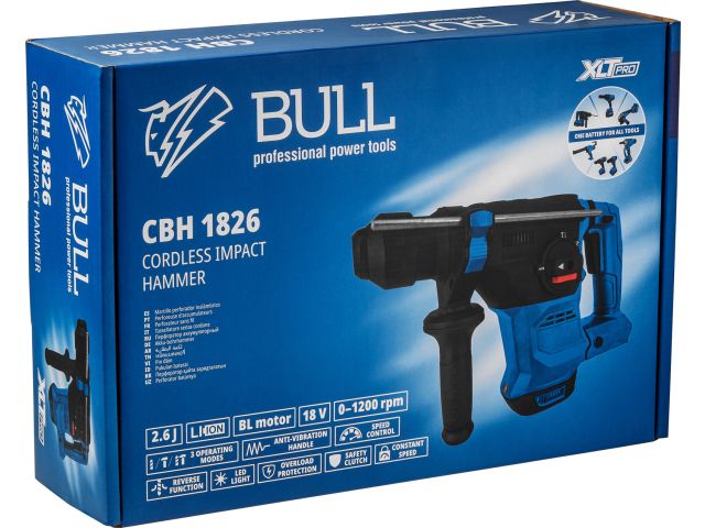 Аккум. перфоратор BULL CBH 1826 Xcase, XLTpro, БЕСЩЕТ., 18 В, 2.6 Дж, 26 мм, 1x4 А*ч, з/у (3 режима + Vario-lock, 3,2 кг) (1333735)
