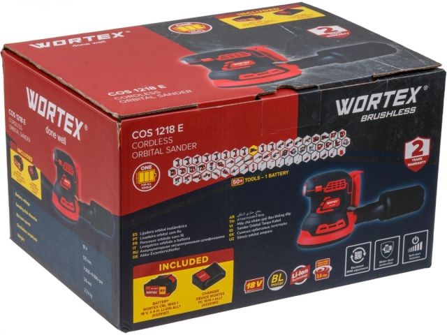 Аккум. эксцентриковая шлифмашина WORTEX COS 1218 E в кор. ALL1 XLT c акб и з/у в кор. БЕСЩЁТ., 18В, (Регул. об., Амплитуда колебаний: 3,6 мм) (1334403)
